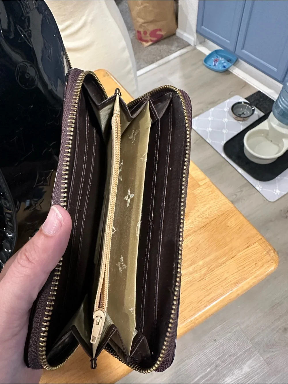 Black Patent Leather Purse with Gold Hardware with dark purple NWT wallet
